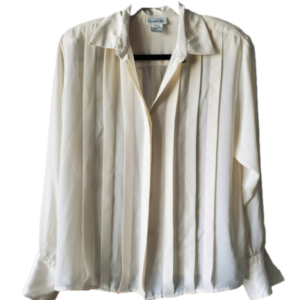 CHRISTIAN Dior Vintage womens off white Tuxedo Shirt size 12 with shoulder pads